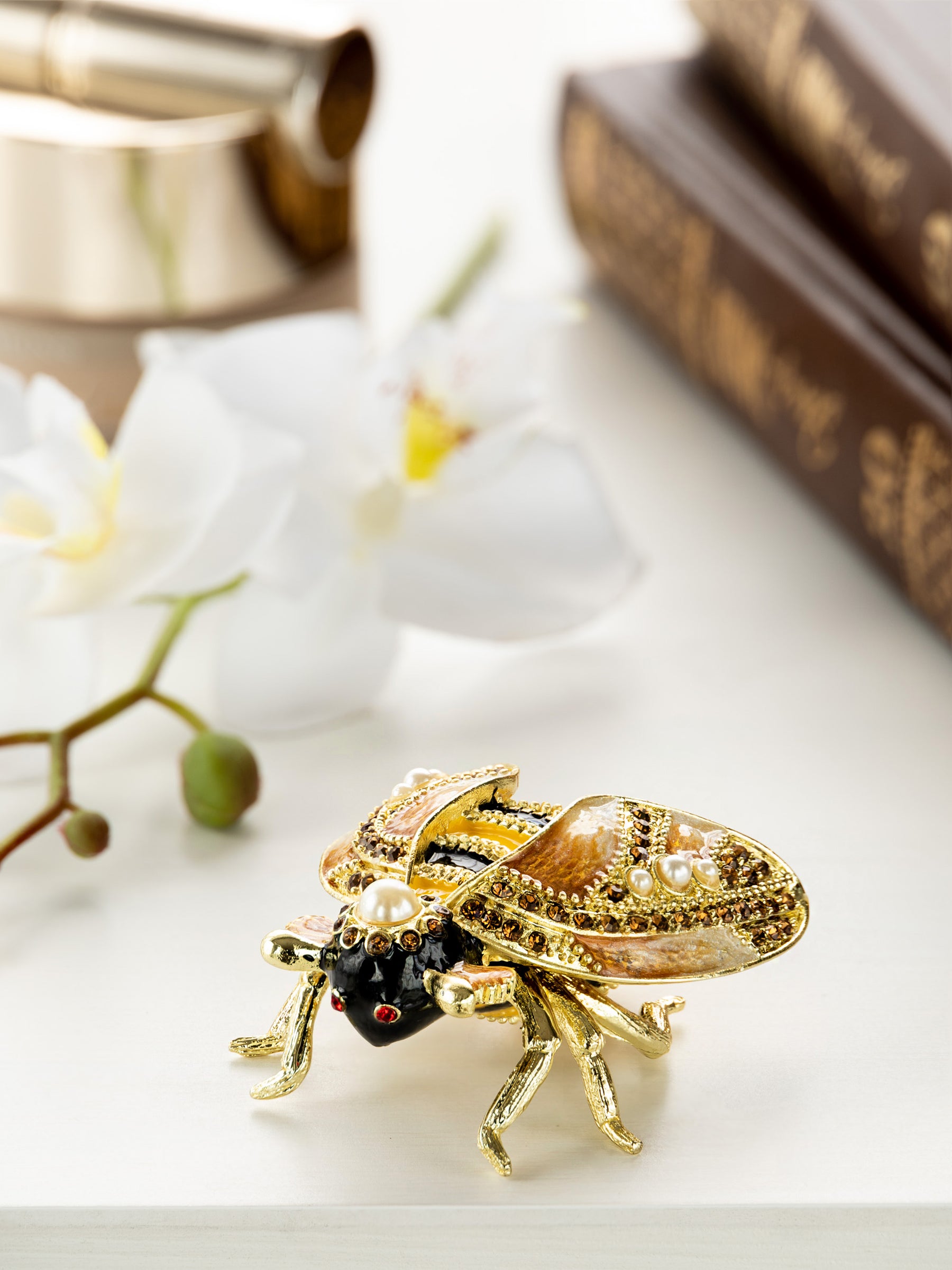 Gold & Black Enamel Honey Bee Queen Trinket Box