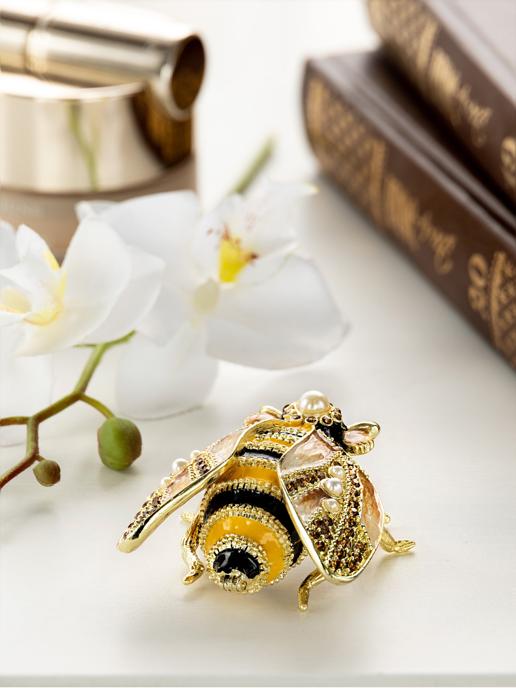 Gold & Black Enamel Honey Bee Queen Trinket Box