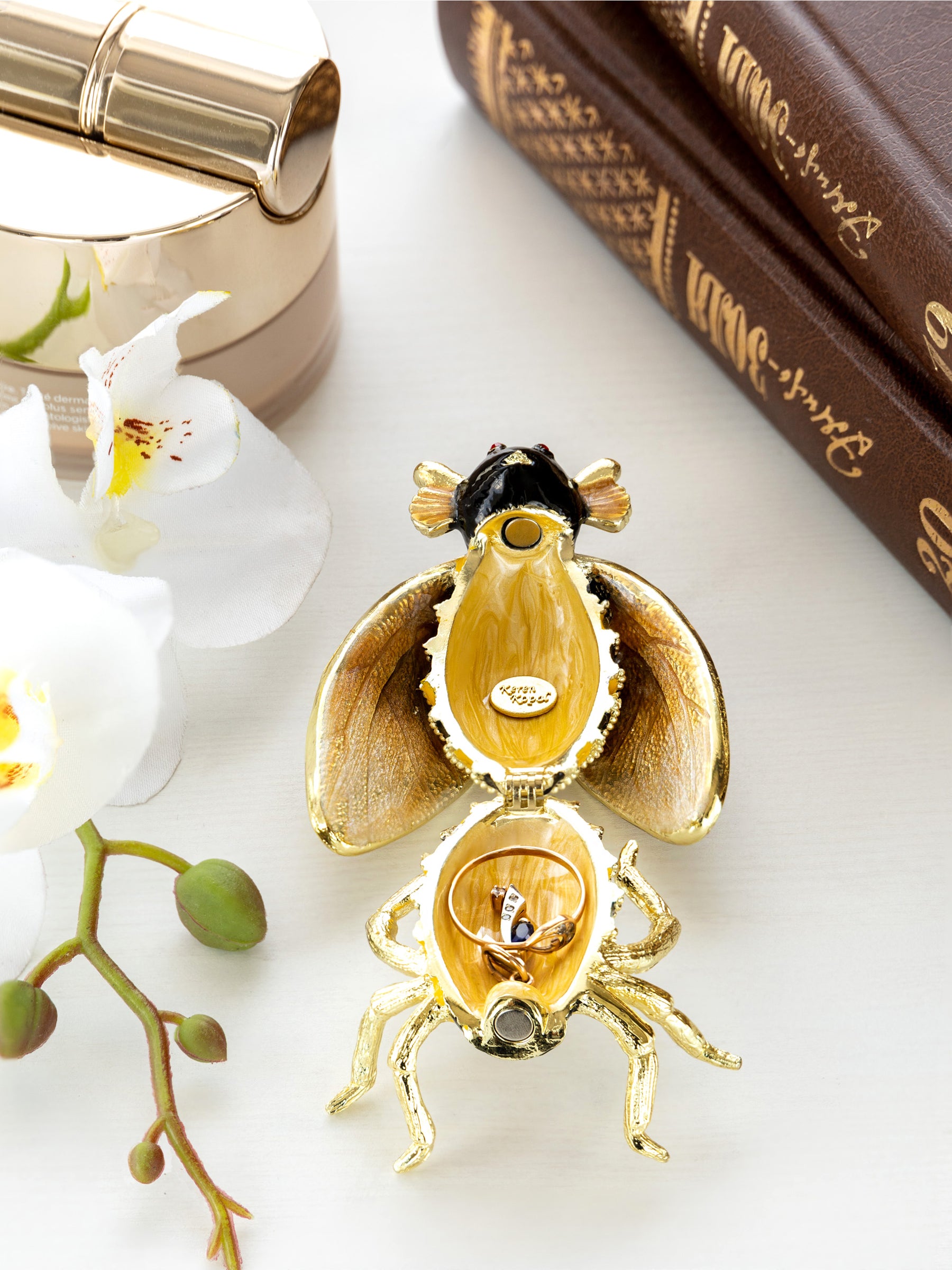 Gold & Black Enamel Honey Bee Queen Trinket Box