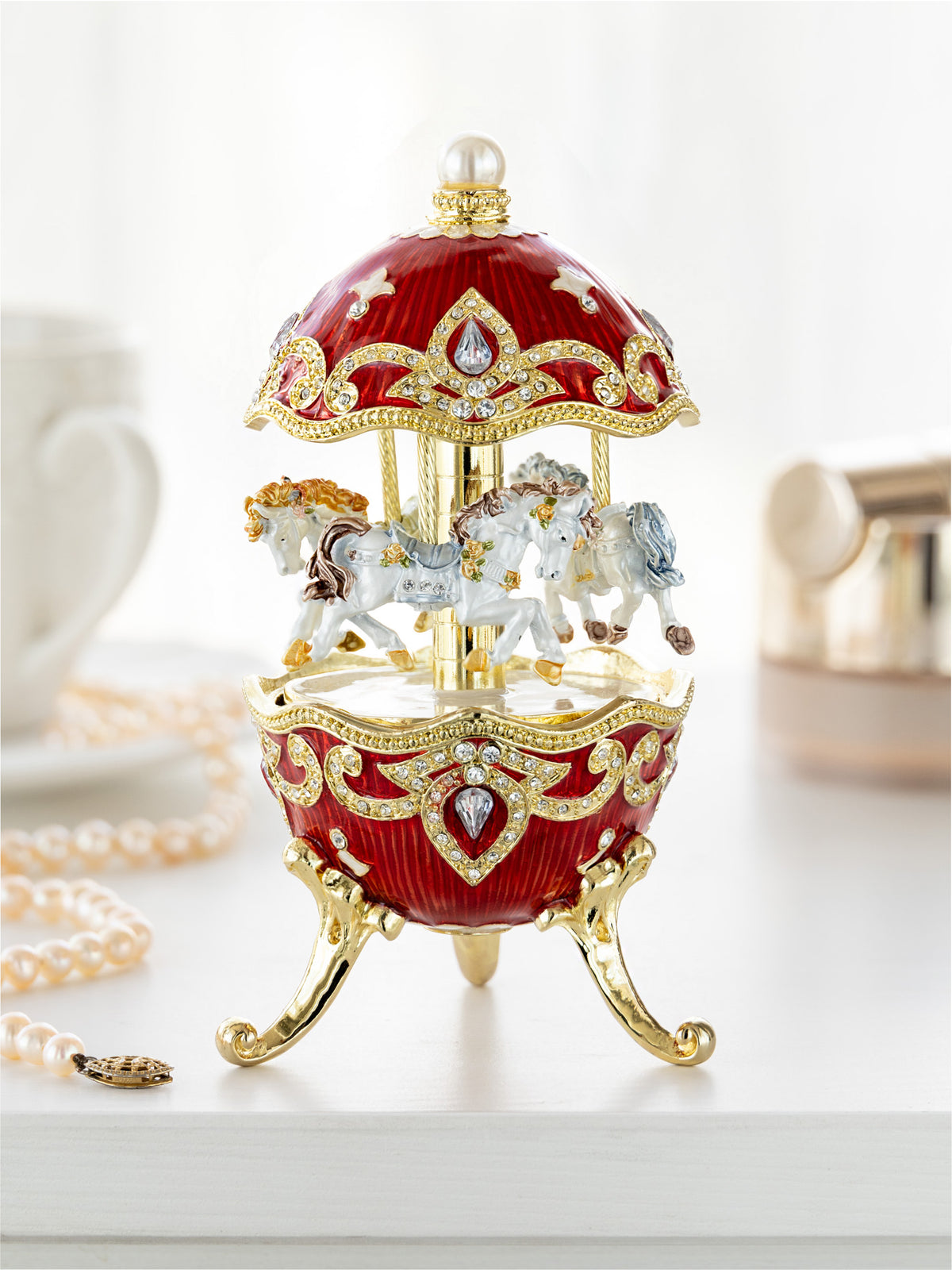 Red Wind up Horse Carousel Faberge Style Egg