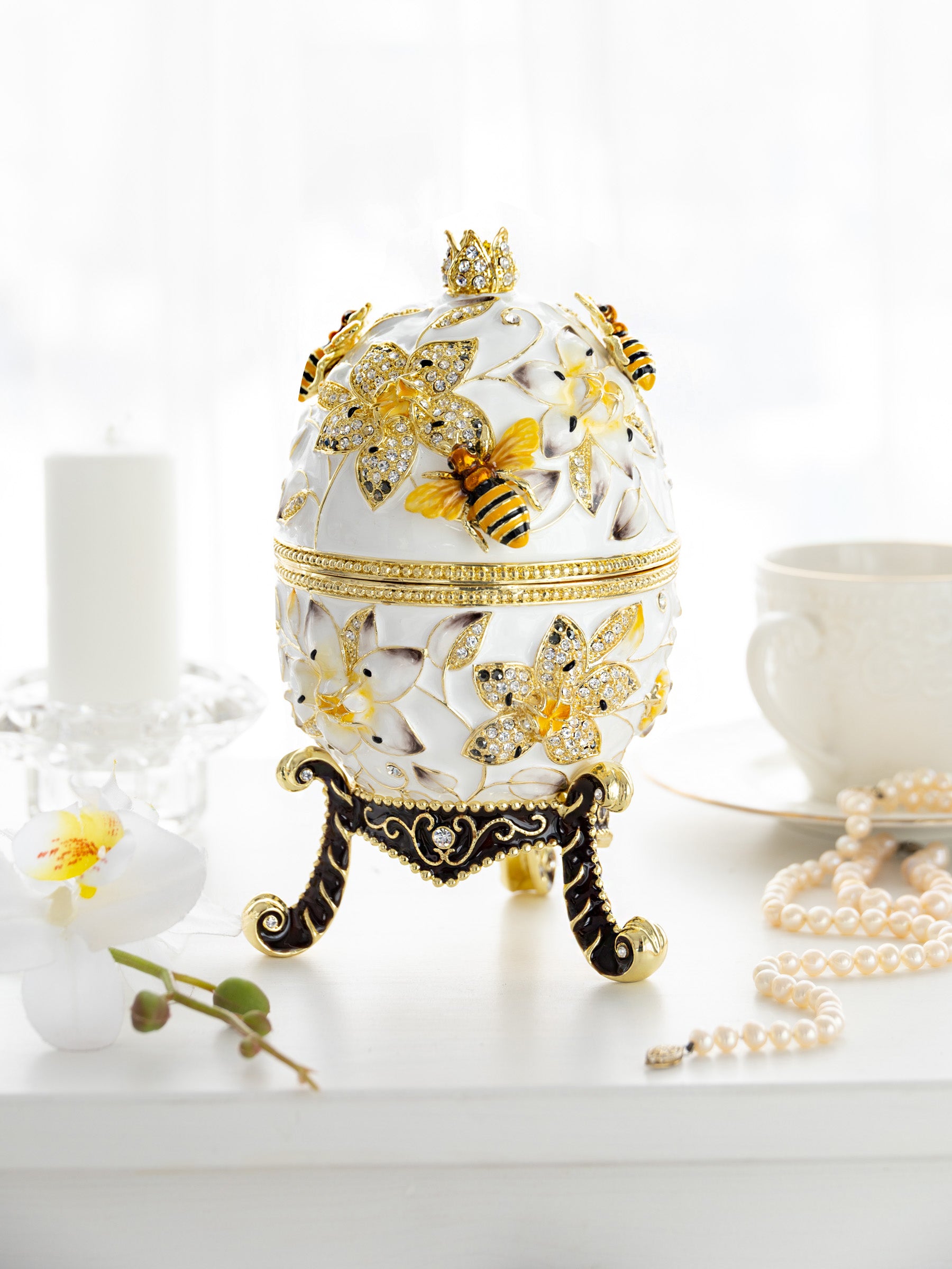 Keren Kopal White Faberge Egg with Bees and Flowers