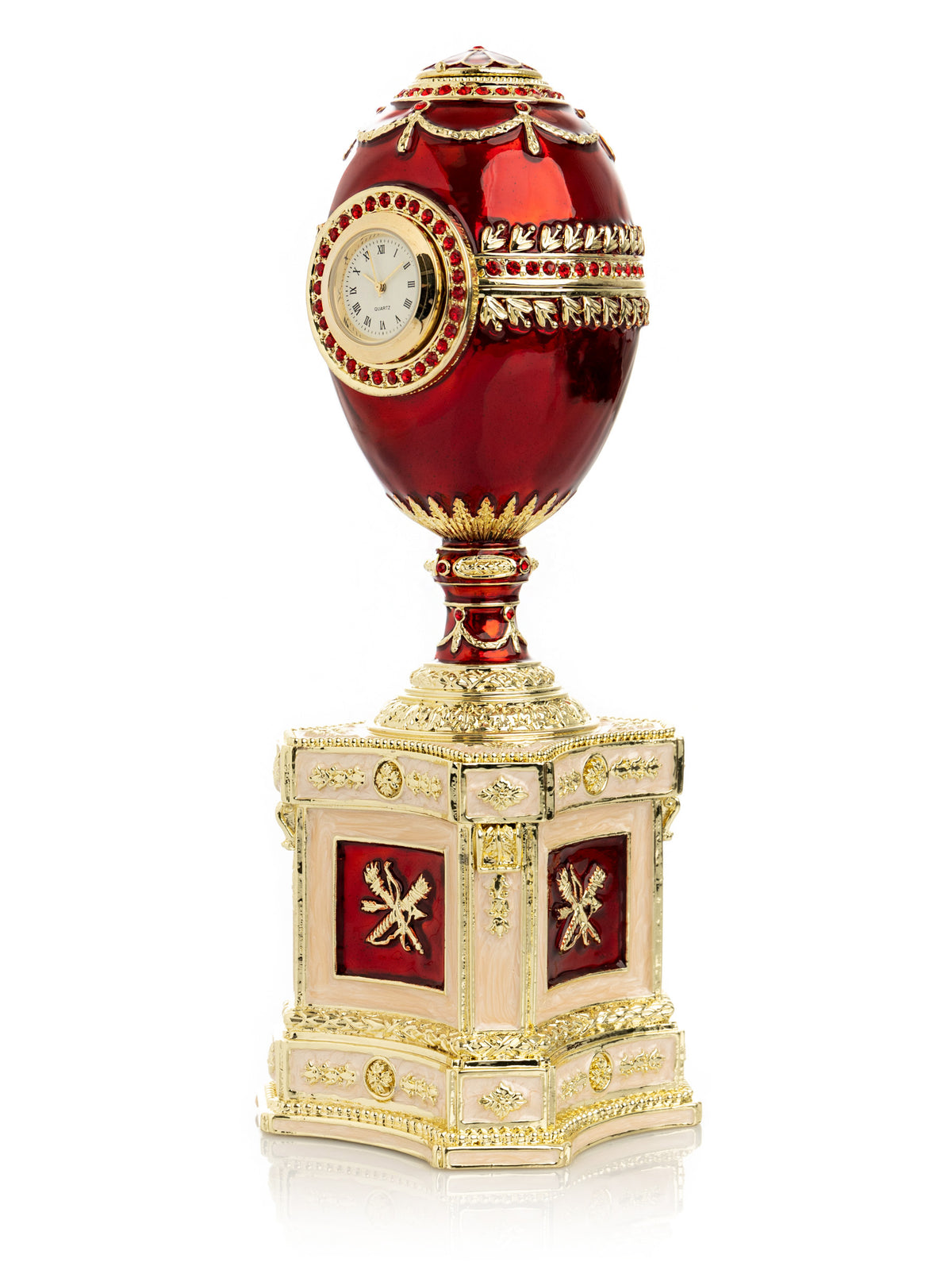 Oeuf de Fabergé rouge avec une perle et une horloge