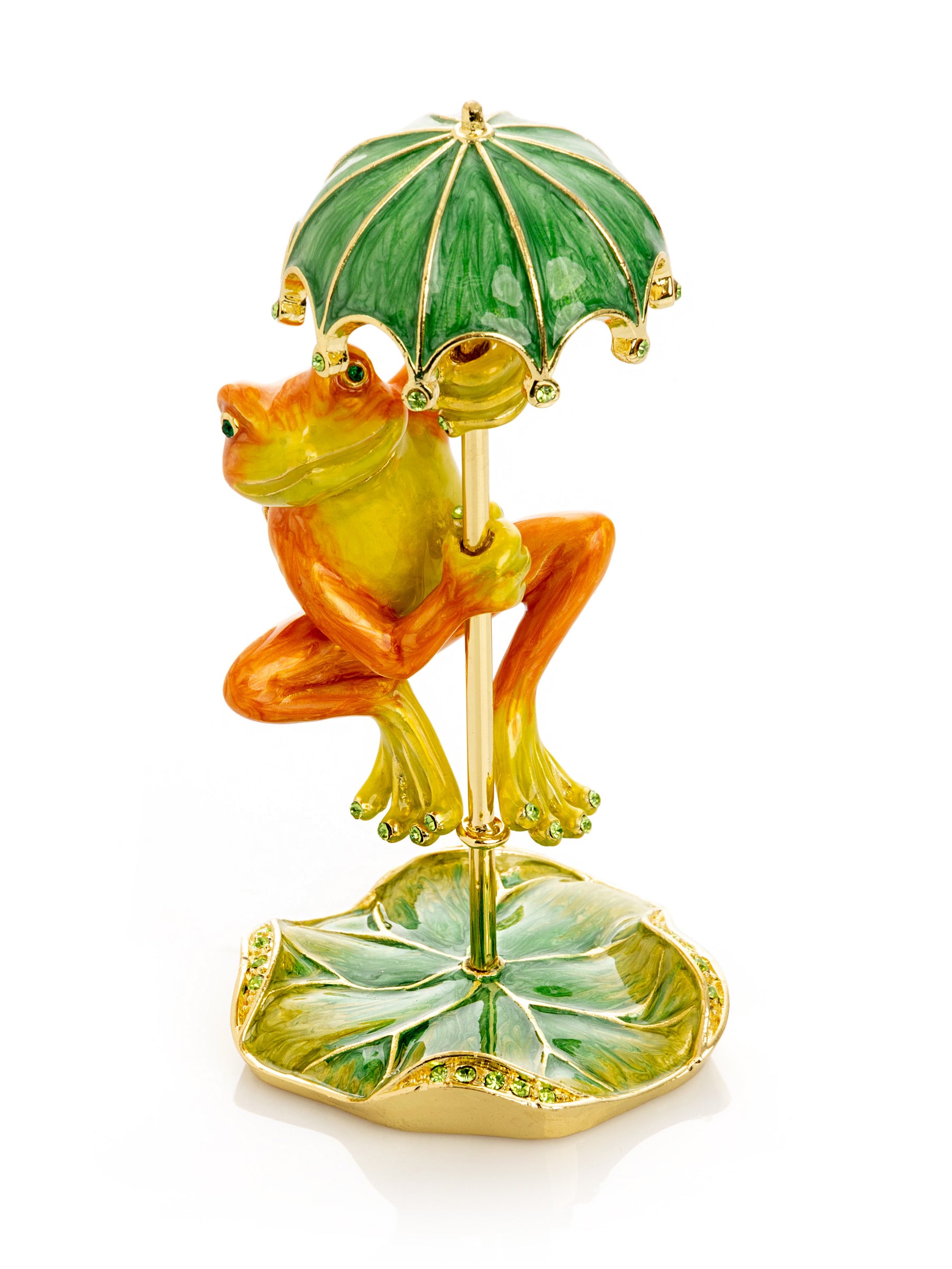 Rainy Day Orange Frog with Umbrella Trinket Box