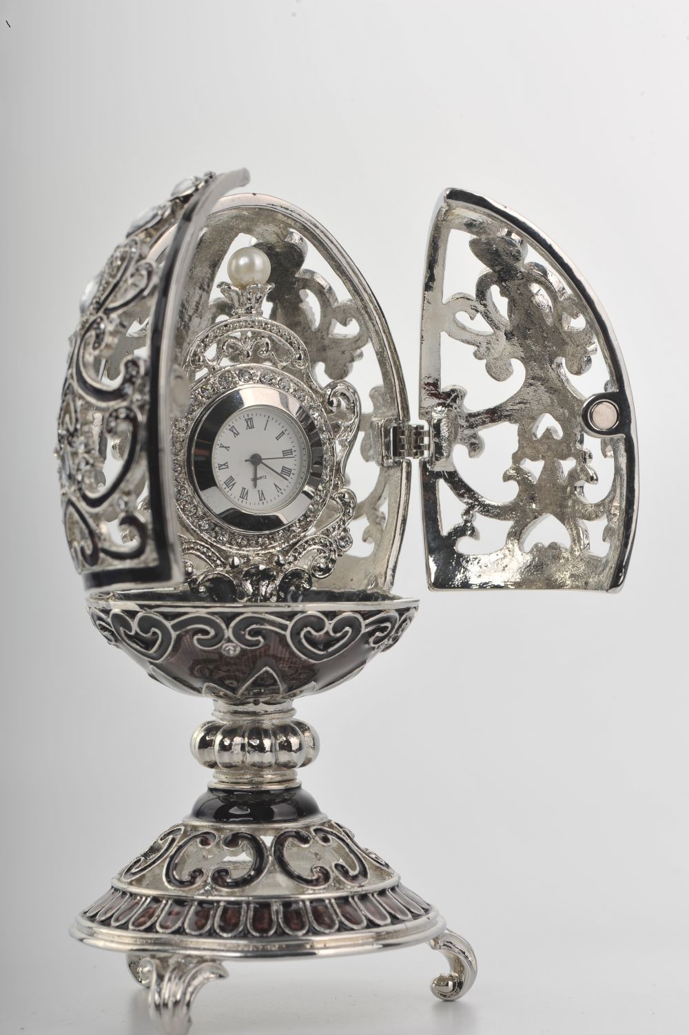 Keren Kopal Silver & Black Faberge Style Egg with a Clock Inside