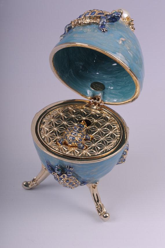 Keren Kopal Turtles Faberge Egg Trinket Box with a Surprise Turtle Pendant