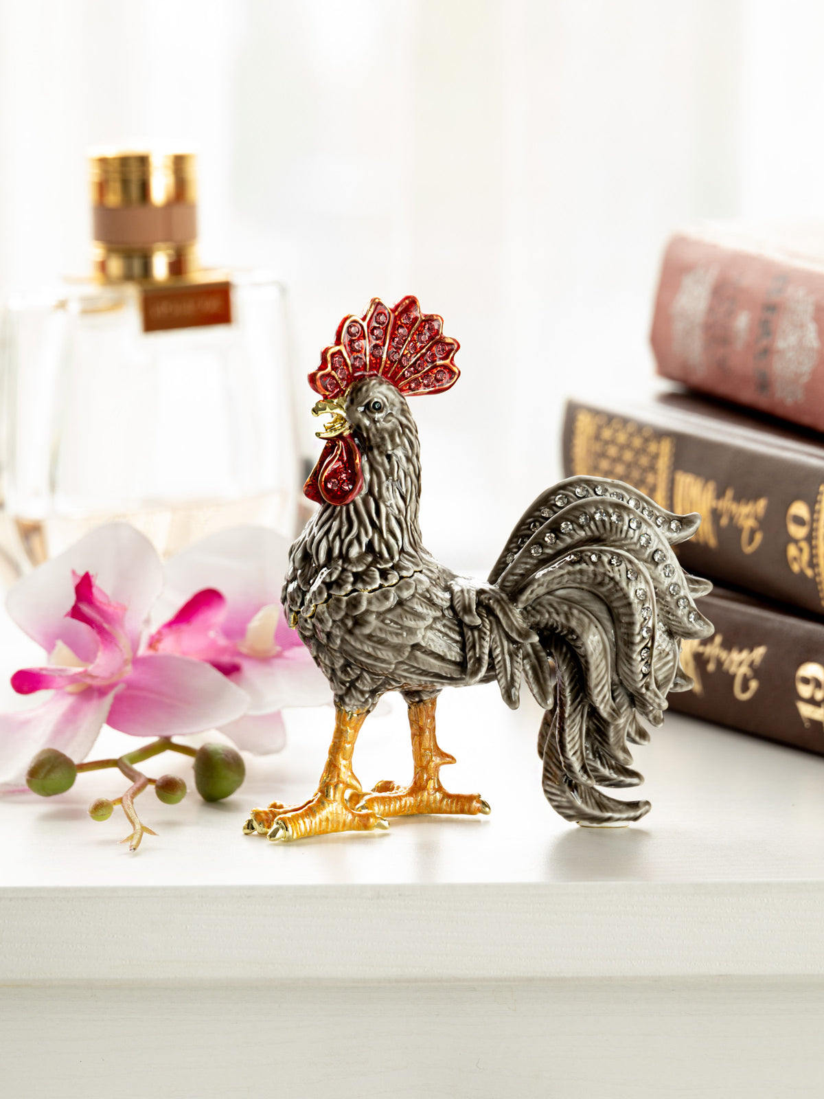 Keren Kopal Gray Rooster Jewelry Trinket Box