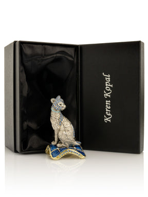 Elegant Silver Cat Trinket Box with Blue Crystals