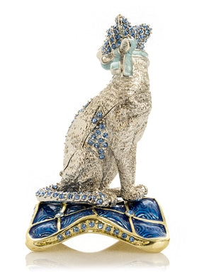 Keren Kopal Elegant Silver Cat Trinket Box with Blue Crystals