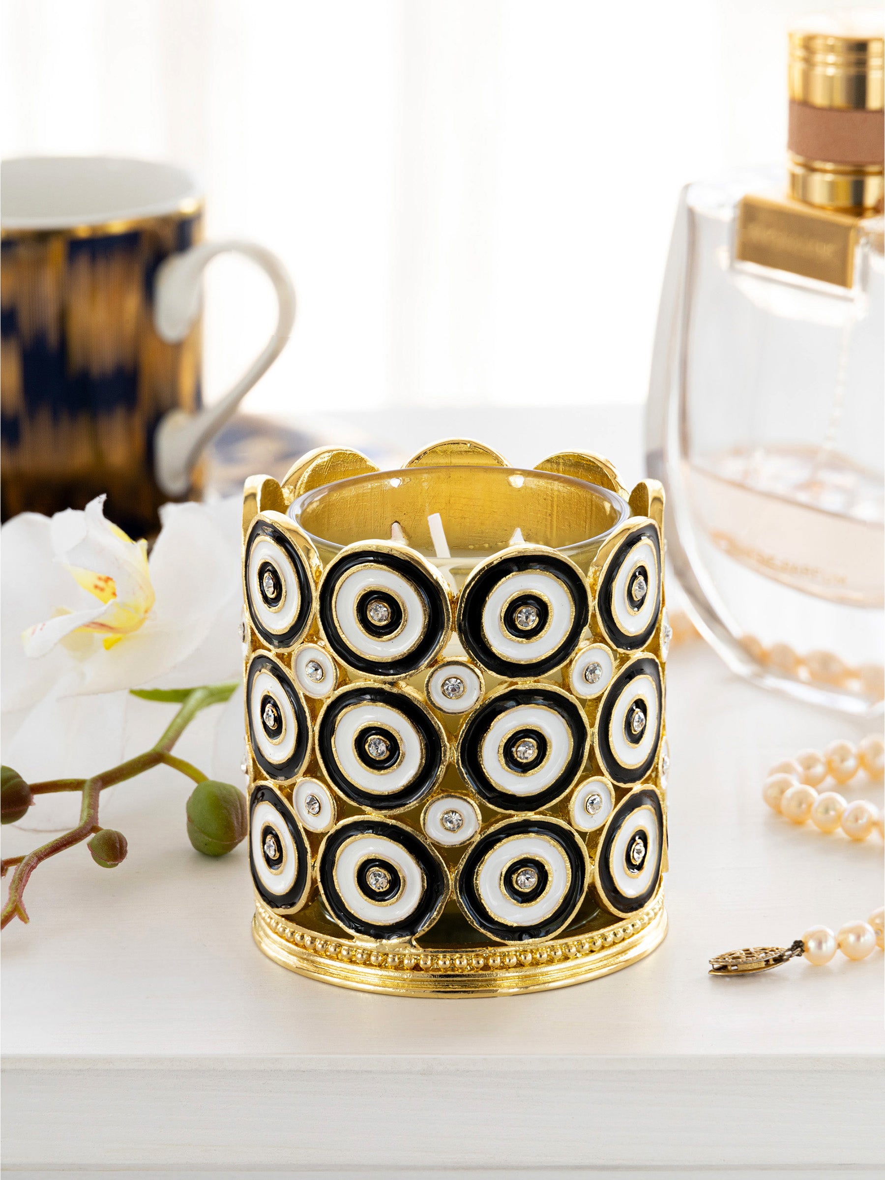 Keren Kopal Golden Decorated Candle Holder with Circles Pattern
