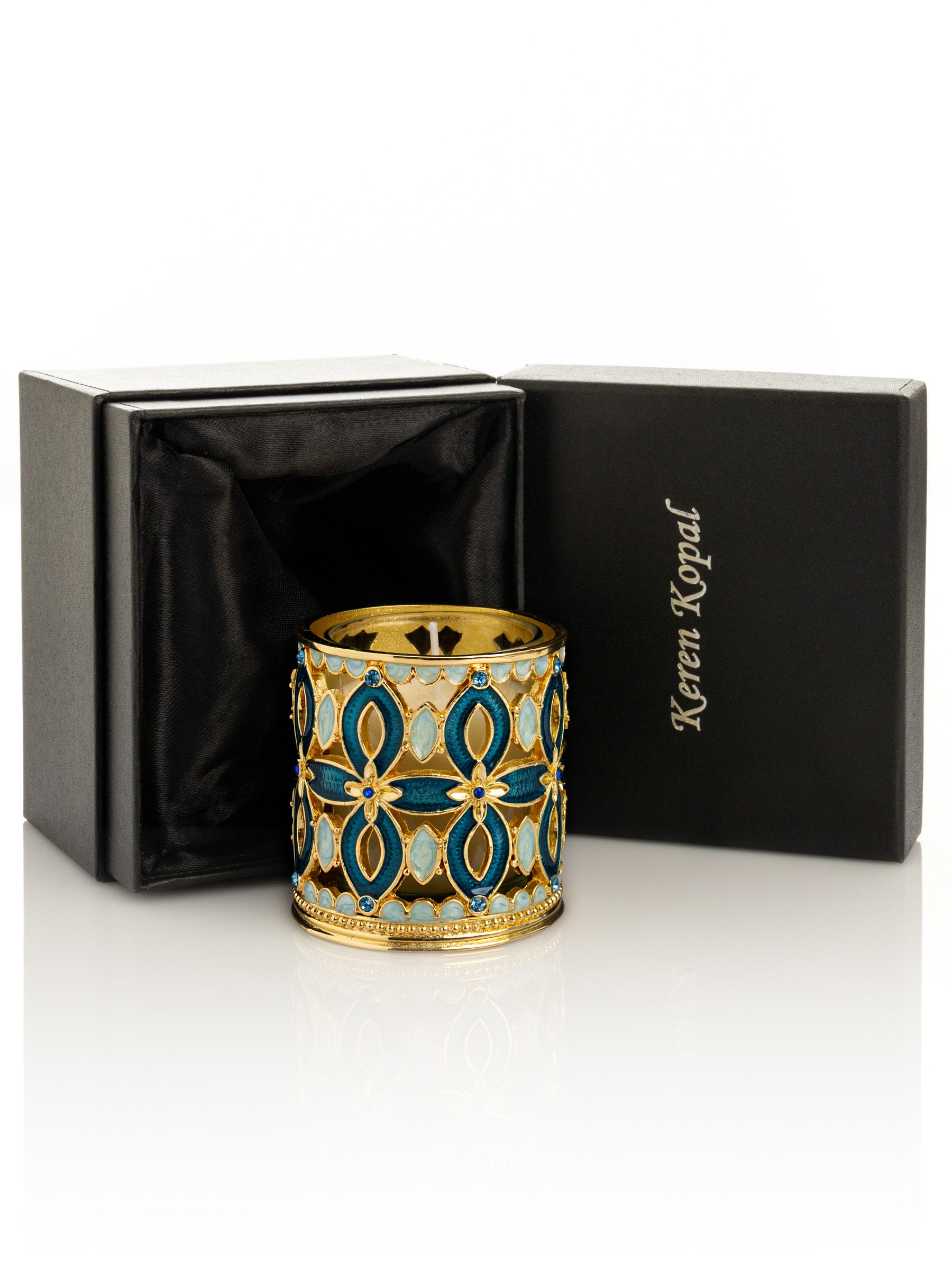 Keren Kopal Golden Blue Decorated Candle Holder