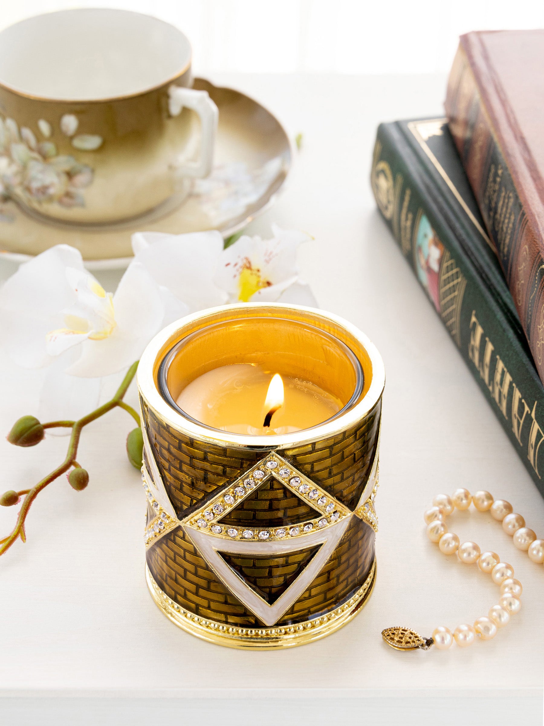 Keren Kopal Golden Brown Decorated Candle Holder with Triangles Pattern