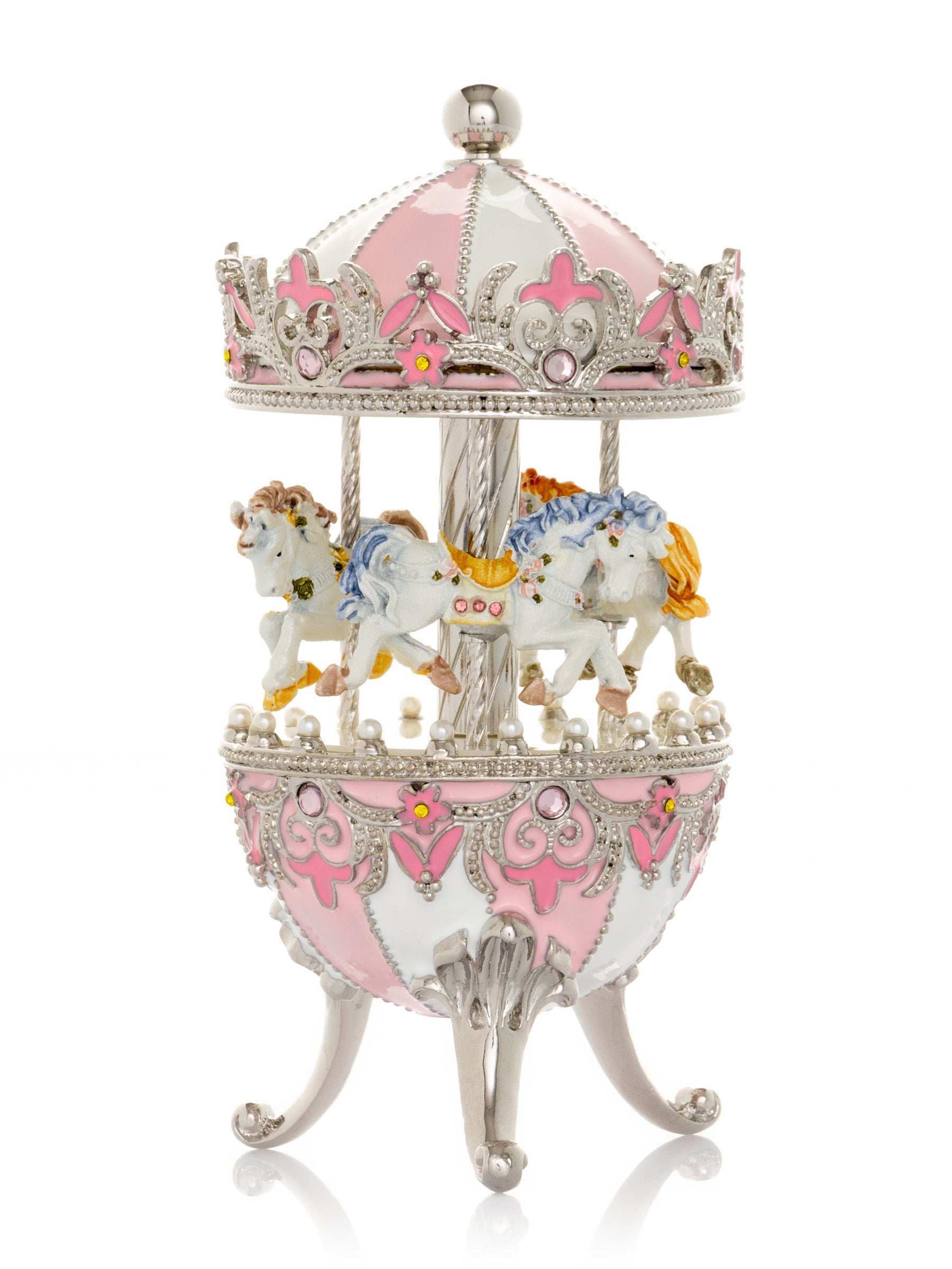 Oeuf Fabergé rose avec carrousel à chevaux à remonter