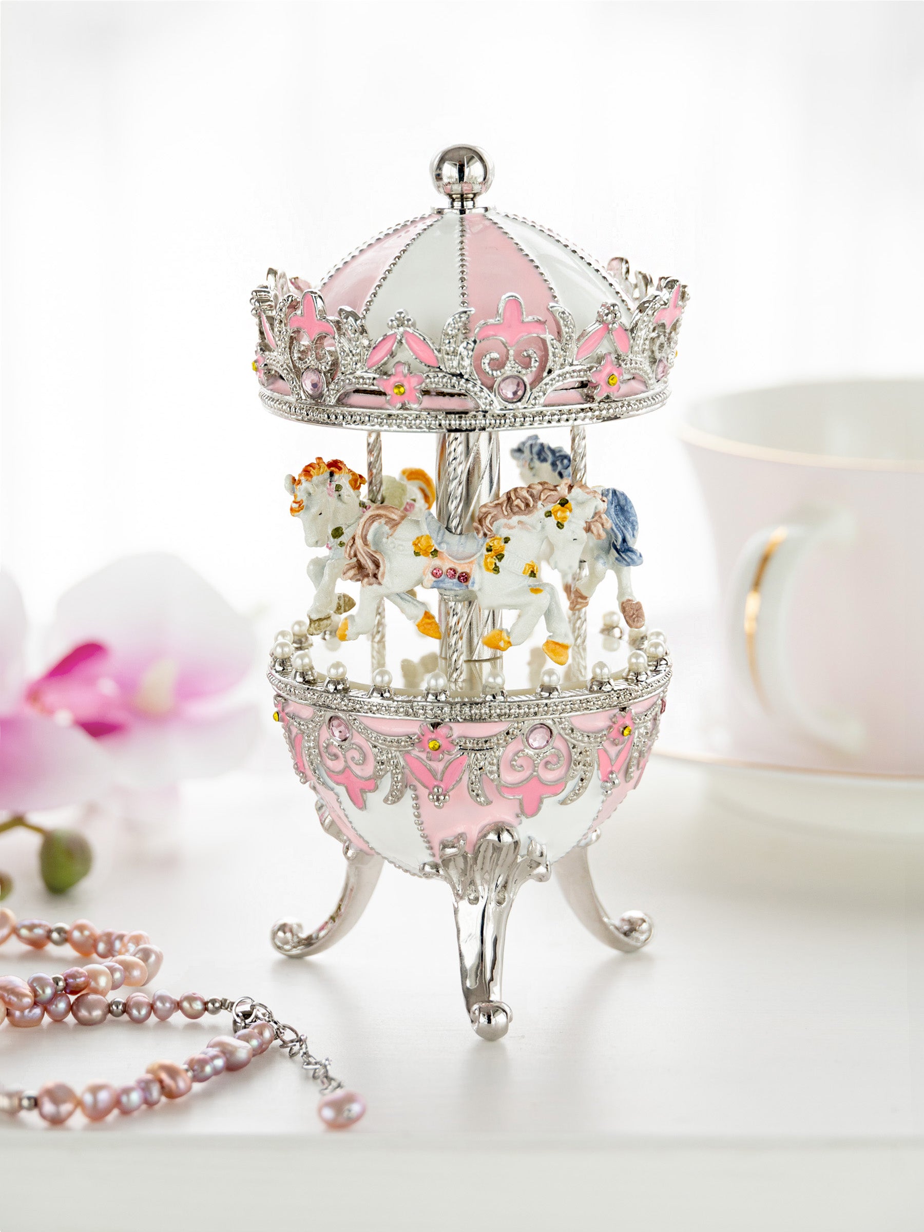 Keren Kopal Pink Faberge Egg with Wind up Horse Carousel