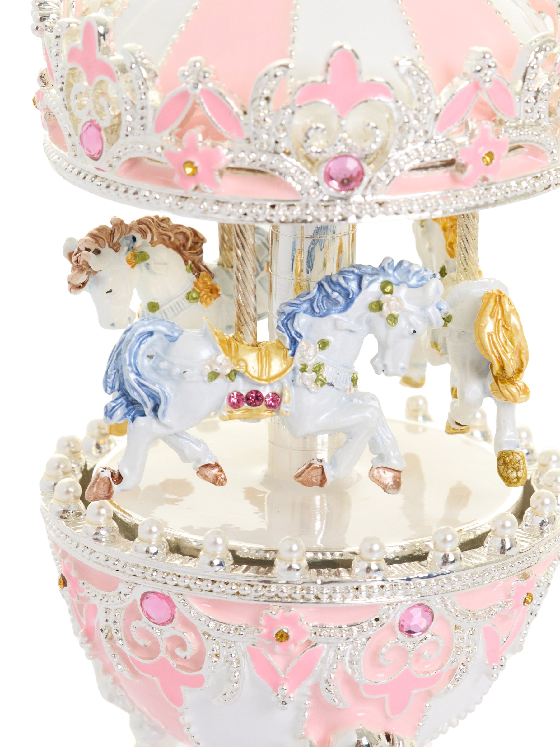 Oeuf Fabergé rose avec carrousel à chevaux à remonter