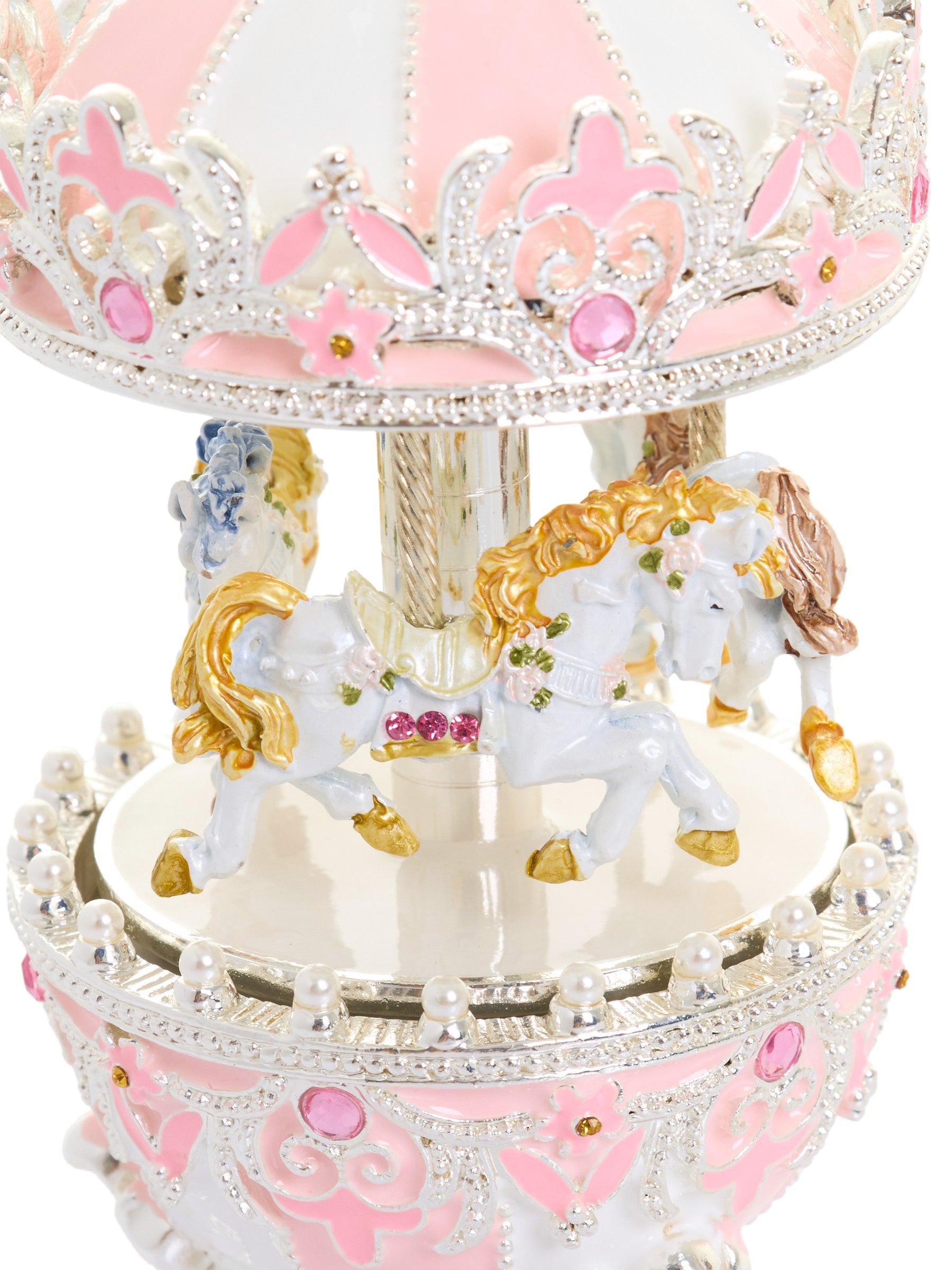 Oeuf Fabergé rose avec carrousel à chevaux à remonter