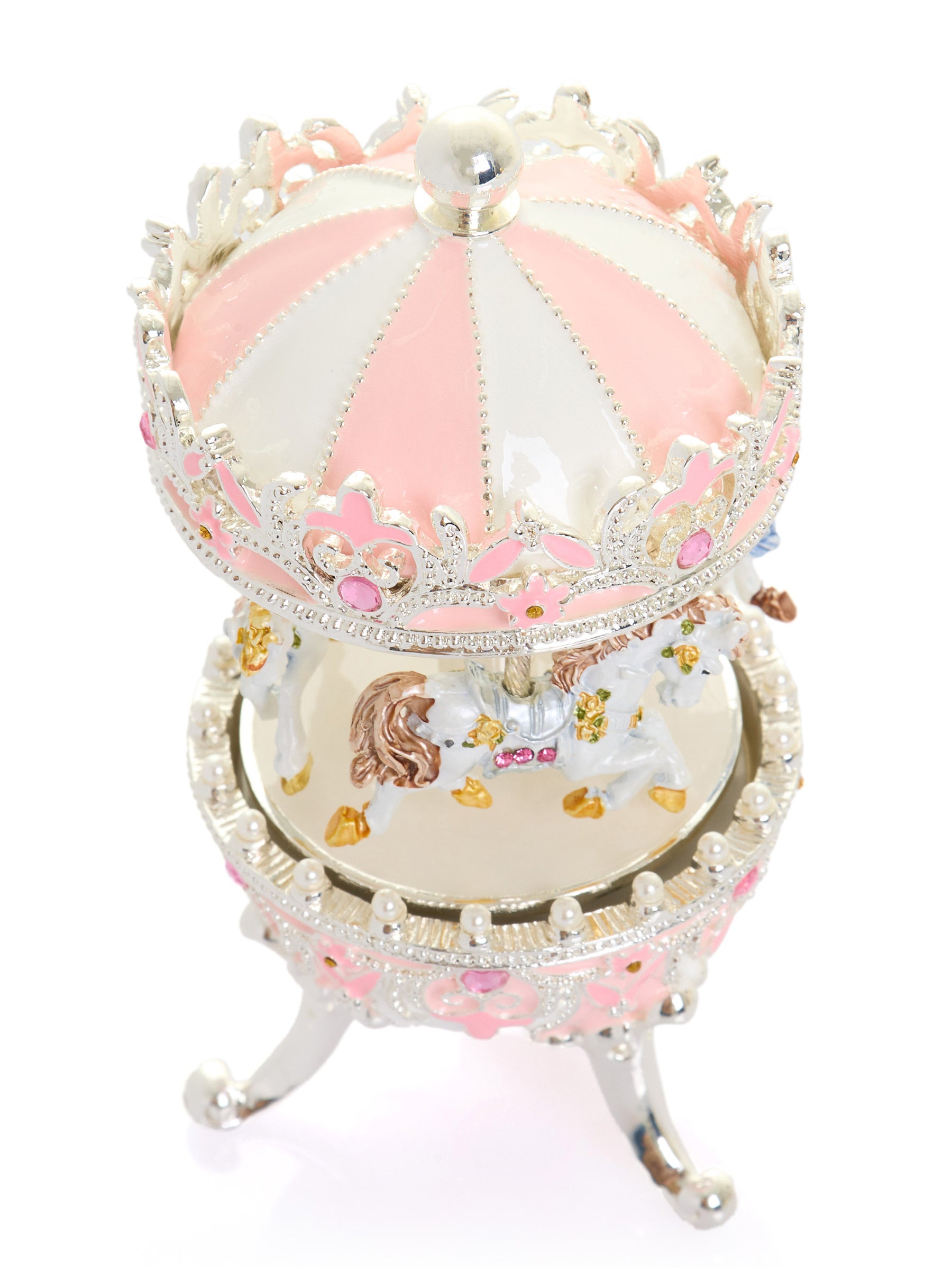Oeuf Fabergé rose avec carrousel à chevaux à remonter