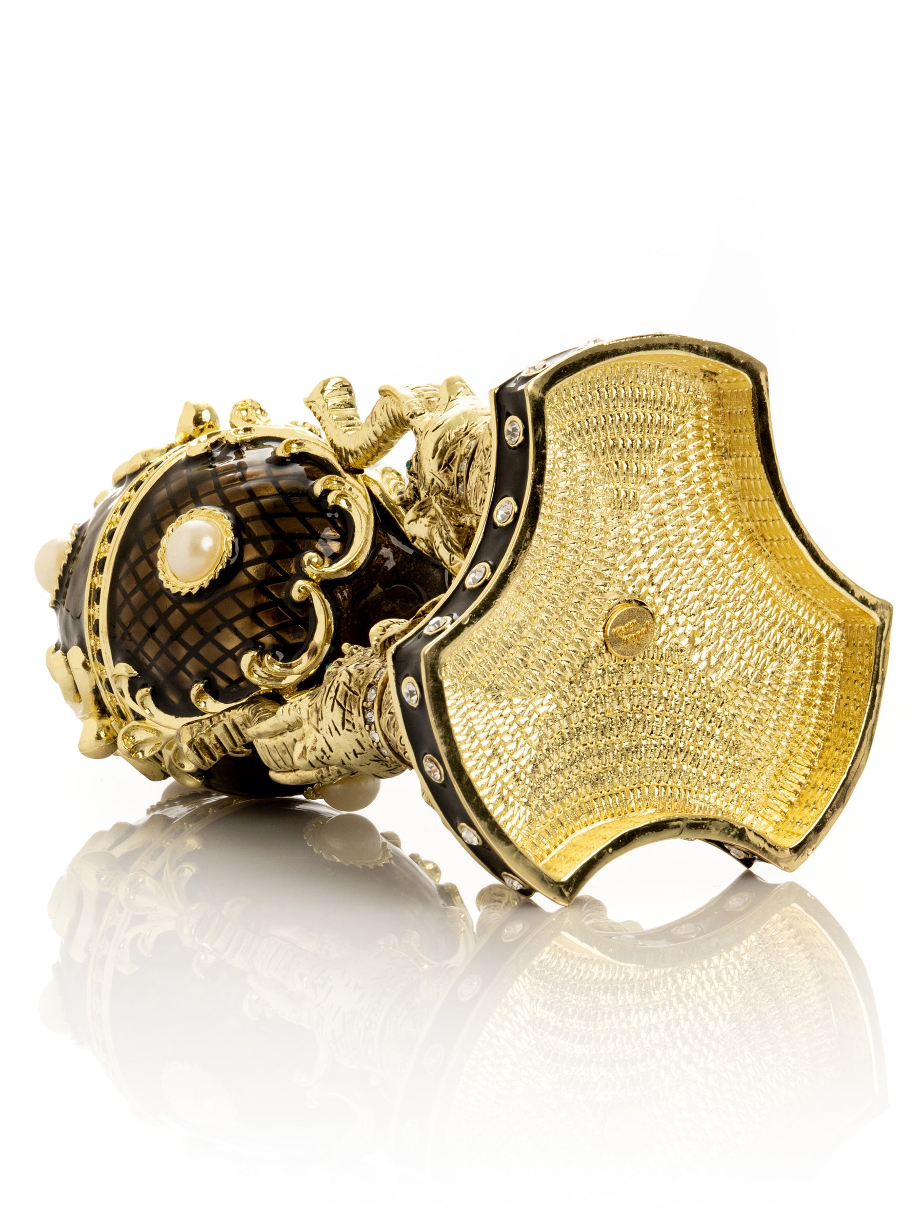 Keren Kopal Regal Brown and Gold Enamel Egg with Elephant Pedestal