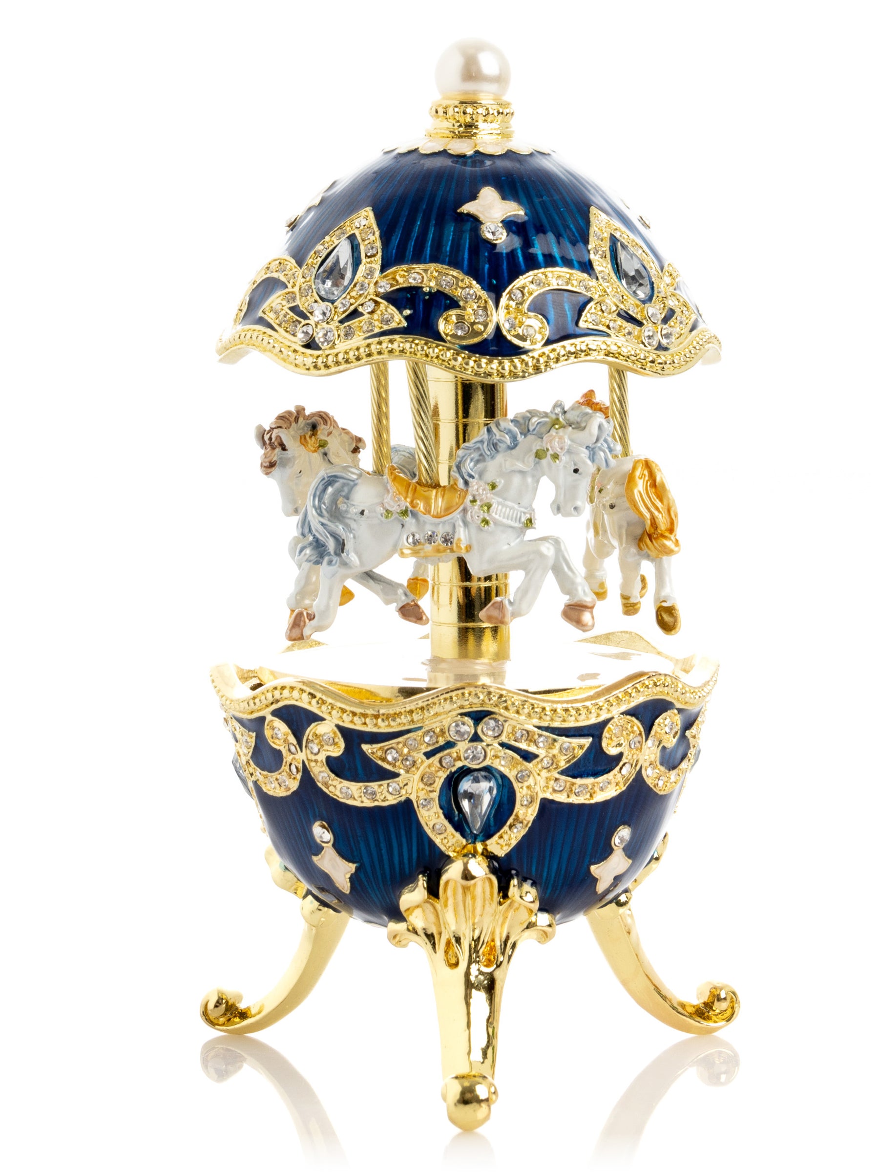 Blaues Faberge-Ei mit Pferdekarussell zum Aufziehen