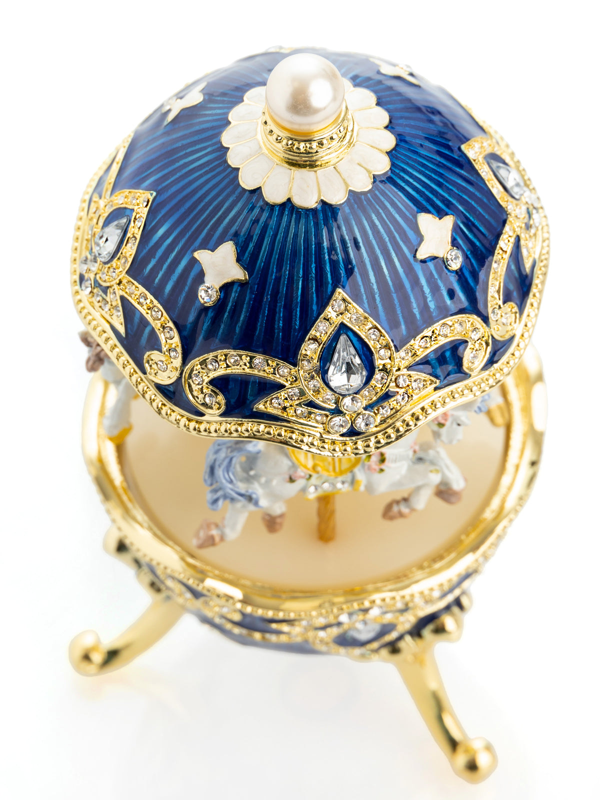 Oeuf Fabergé de carrousel à cheval à remonter bleu