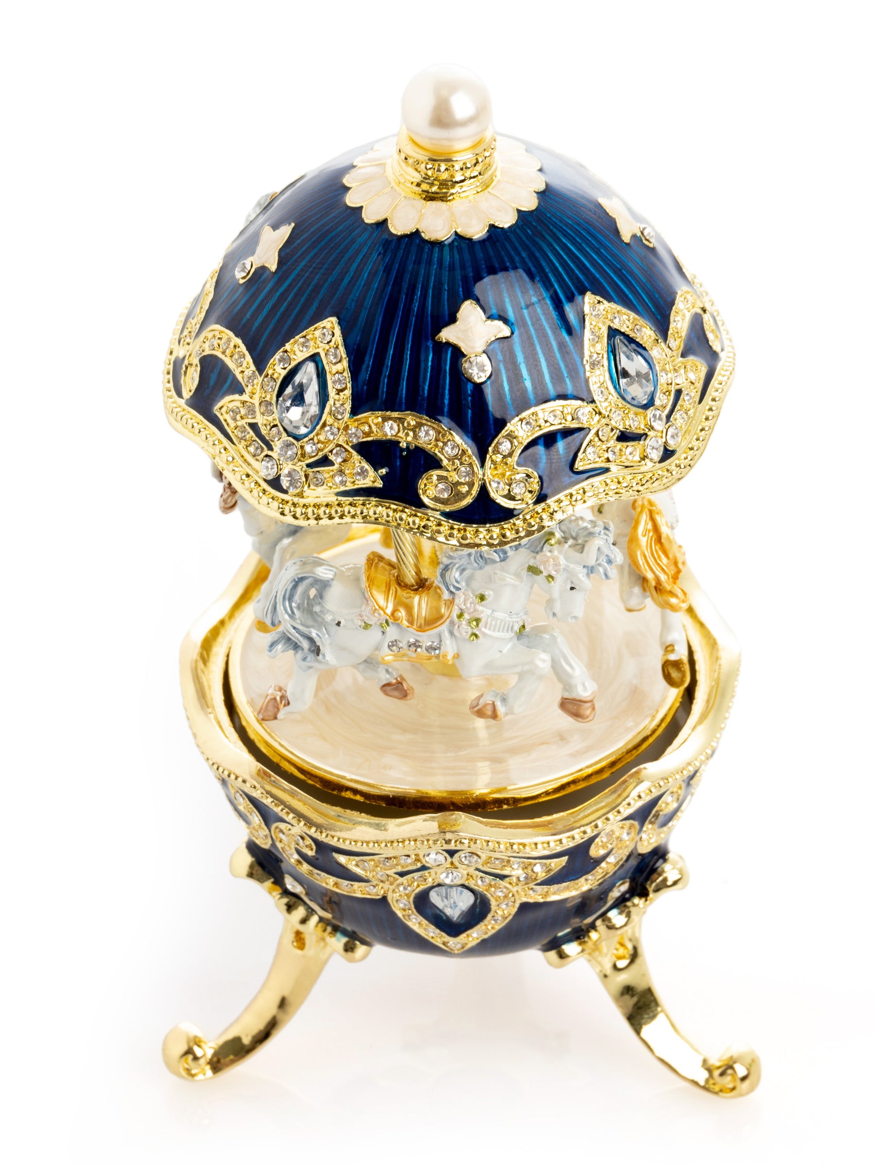 Blaues Faberge-Ei mit Pferdekarussell zum Aufziehen