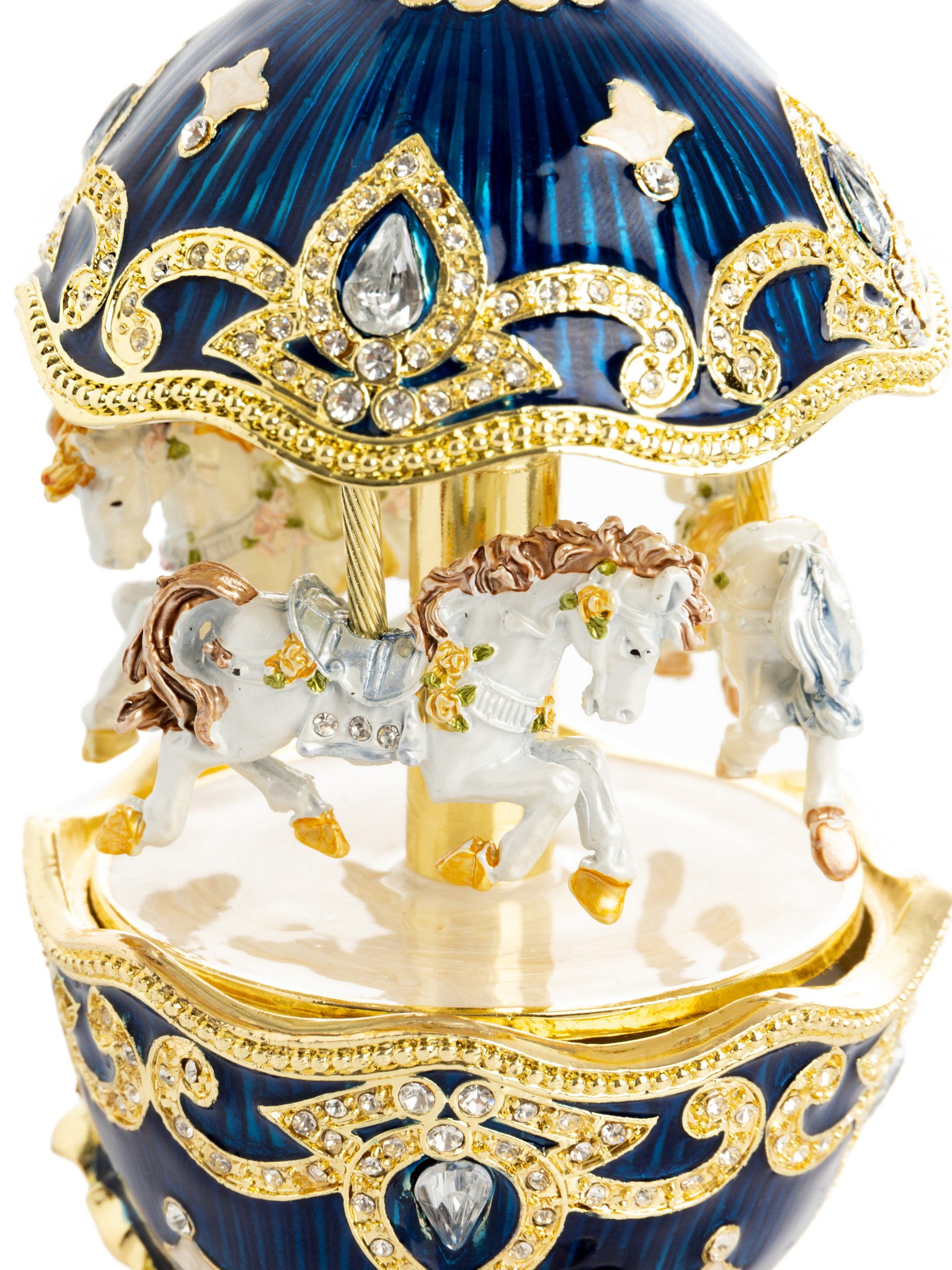 Blaues Faberge-Ei mit Pferdekarussell zum Aufziehen