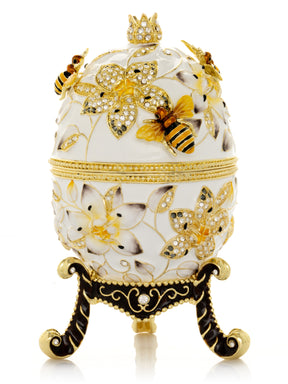 White Faberge Egg with Bees and Flowers