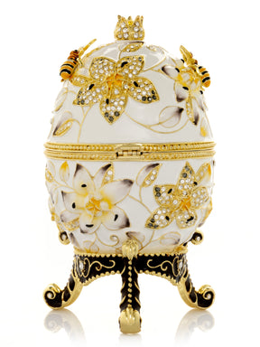 White Faberge Egg with Bees and Flowers