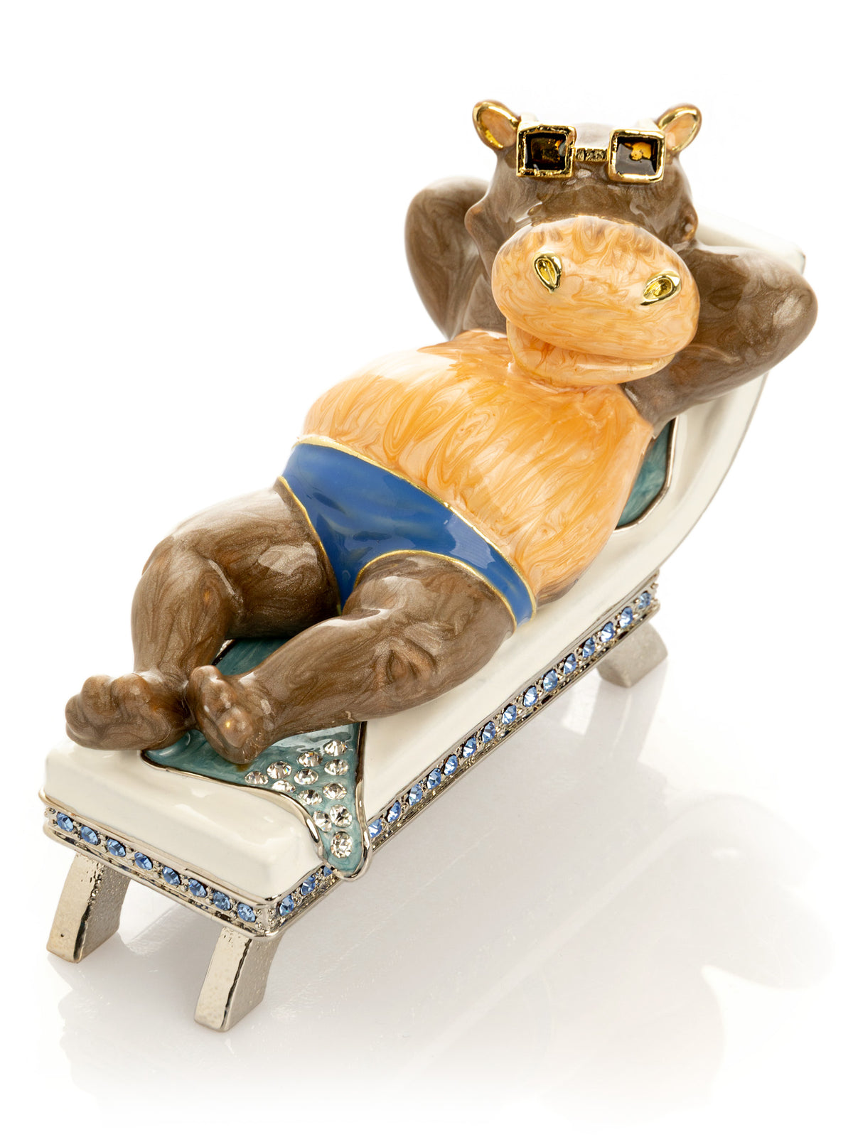 Relaxing Hippo on Sun Lounger Trinket Box