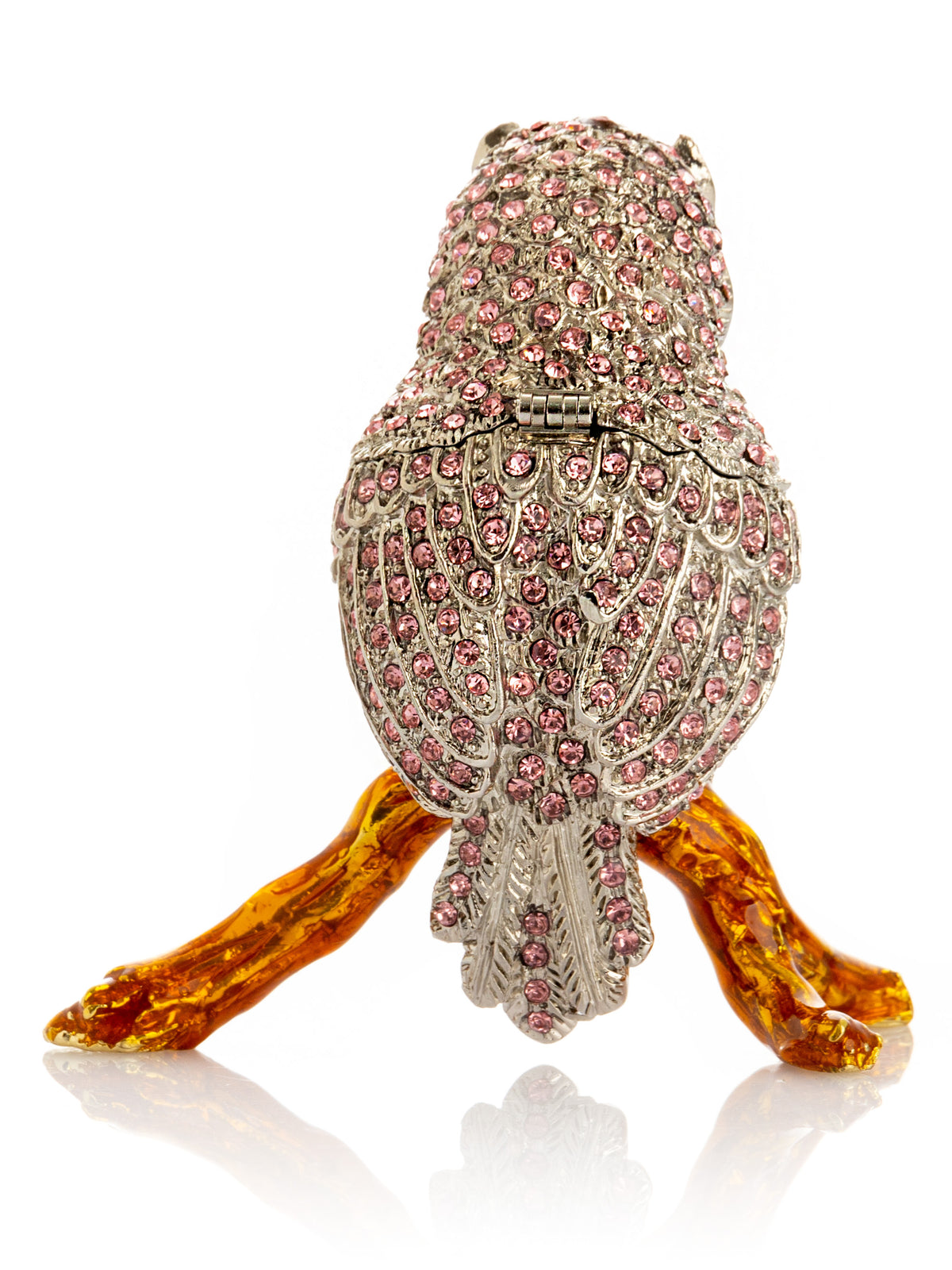 Pink &  Silver Crystal Owl on Amber Tree Branch Trinket Box