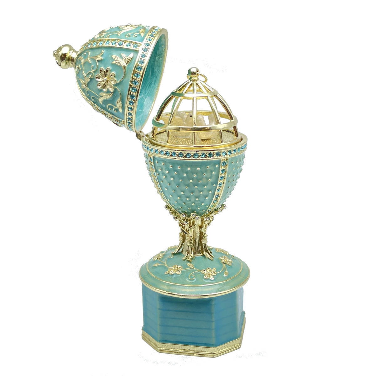 Boîte à bijoux Œuf de Fabergé vert turquoise avec colombes
