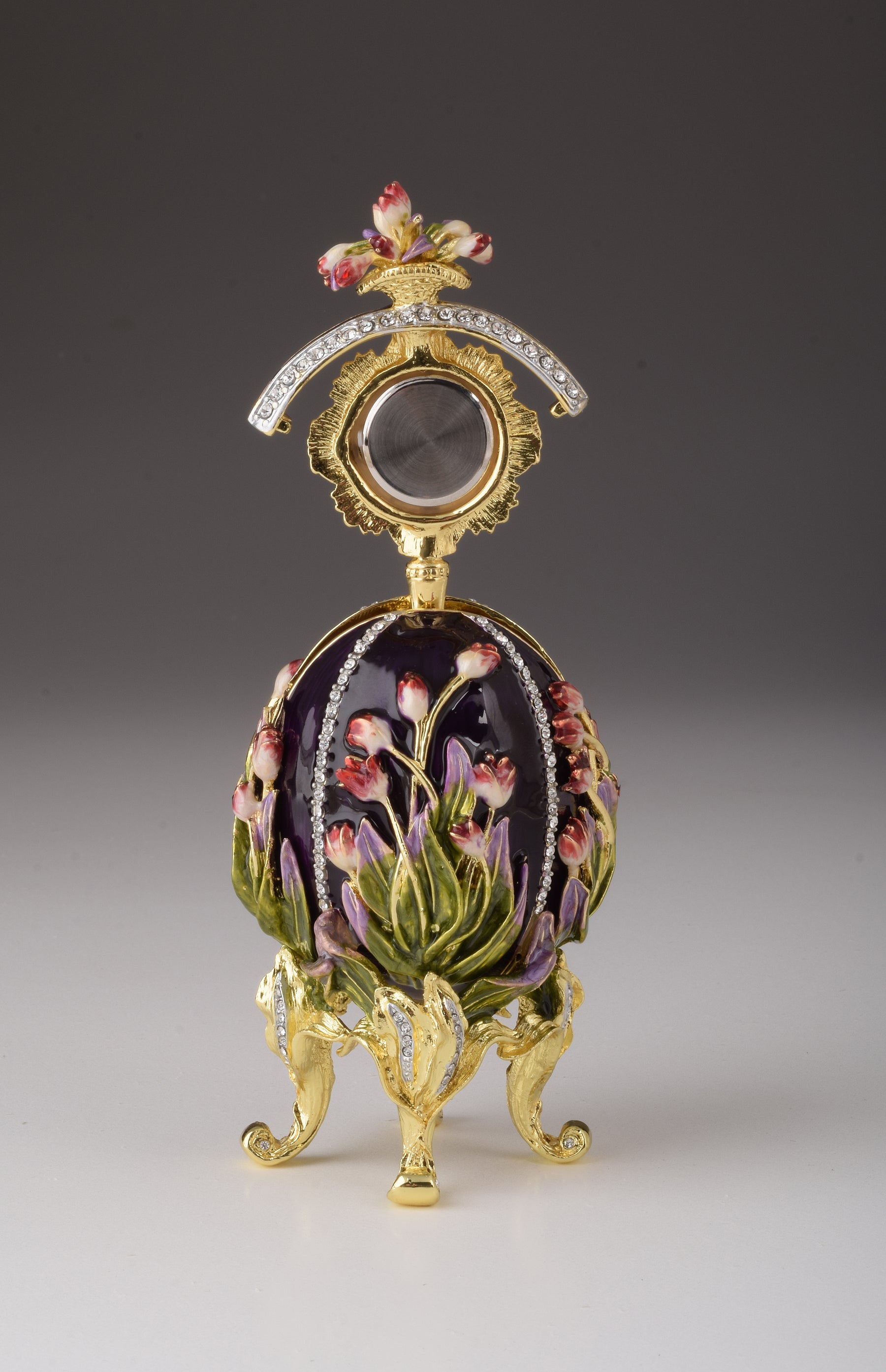 Boîte à bijoux et horloge en forme d'œuf de tulipe violette, œuf russe