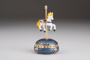 Blue Wind up Carousel with Royal White Horse