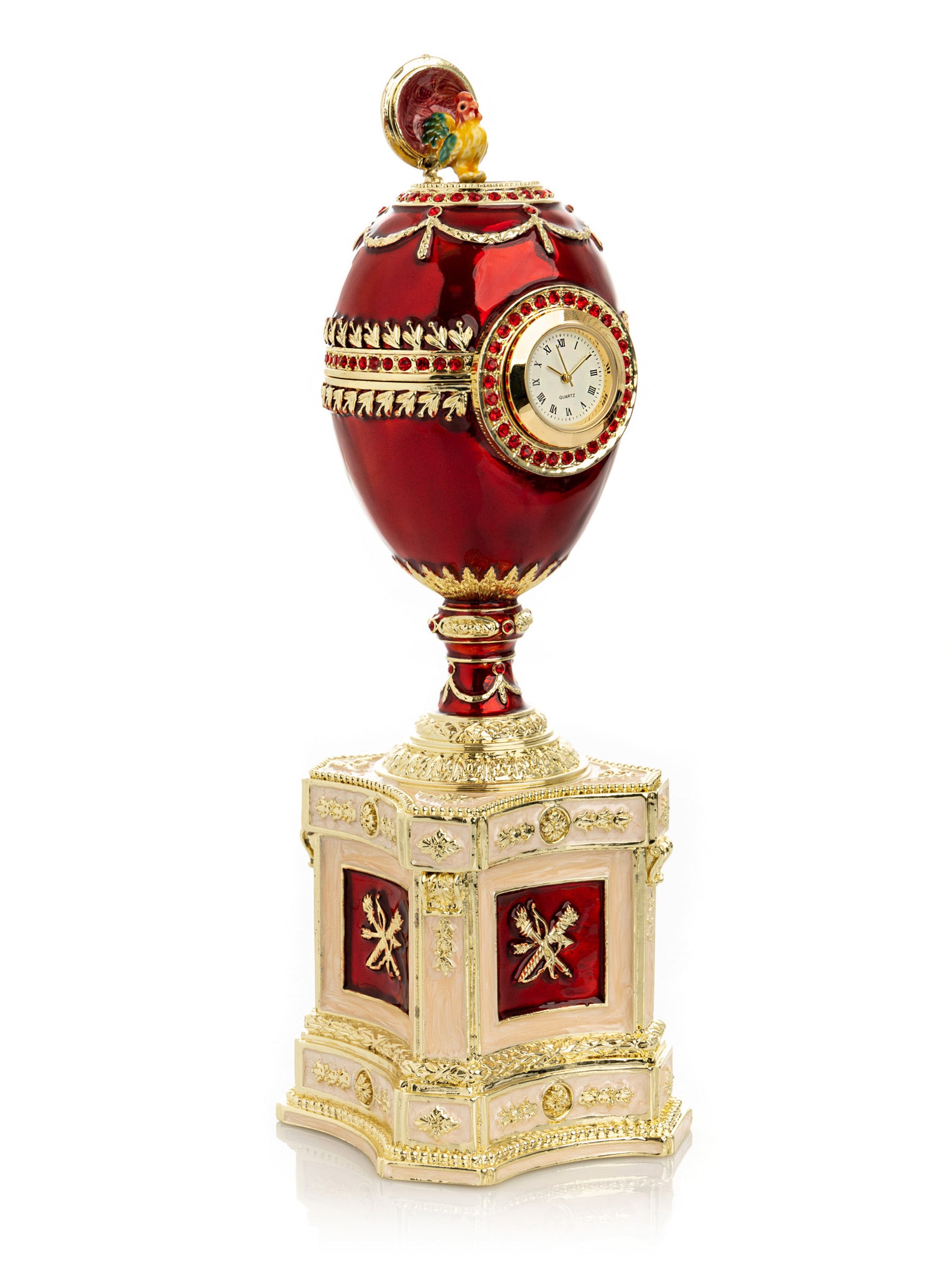 Oeuf de Fabergé rouge avec une perle et une horloge