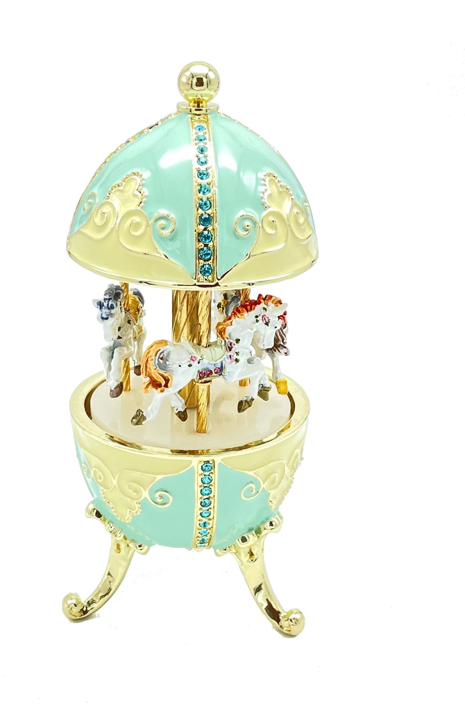 Turquoise Musical Carousel with Royal Horses Easter Egg Keren Kopal