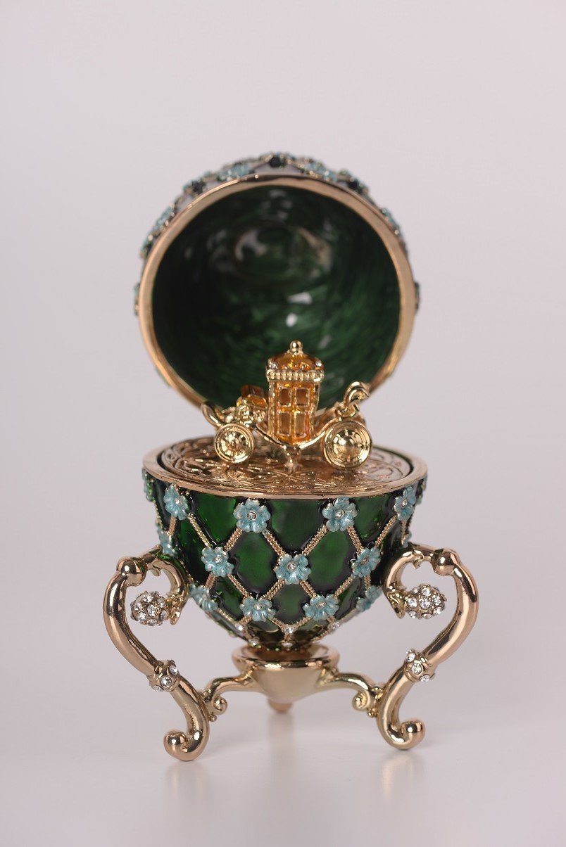 Keren Kopal Green Faberge Egg with Blue Flowers & Gold Carriage Inside  117.50