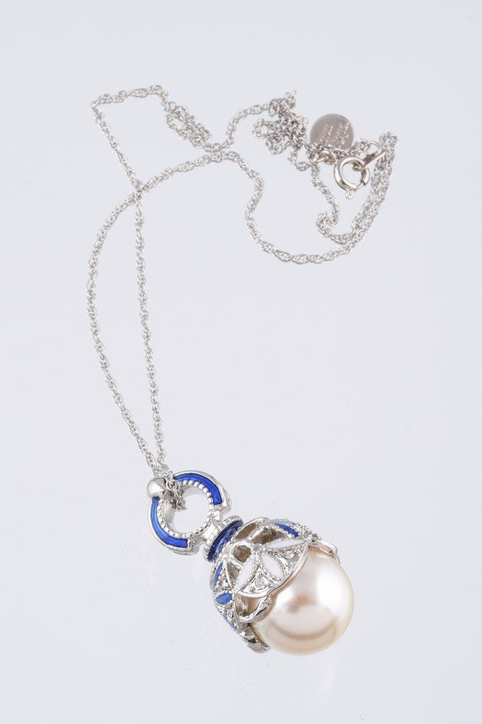 Silver & Blue Pearl Egg Pendant Necklace  Keren Kopal